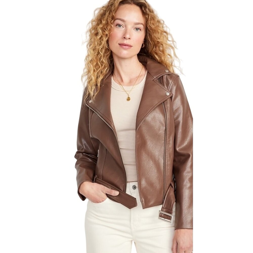 NWT Old Navy Brown Moto Jacket Faux Leather Biker  Waist Belt Size XXL